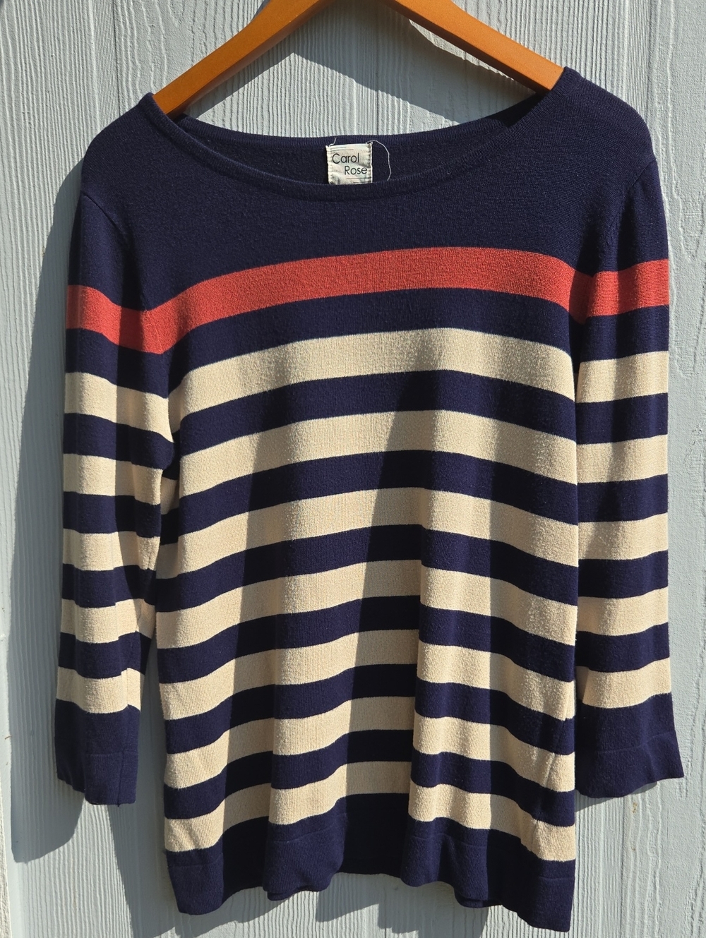 Carol Rose Navy and Cream Striped Sweater with Coral Accent